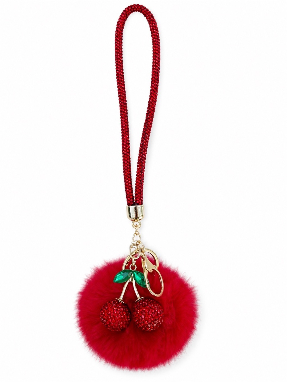 Red Cherry Pom Pom Bag Charm Wristlet Keychain